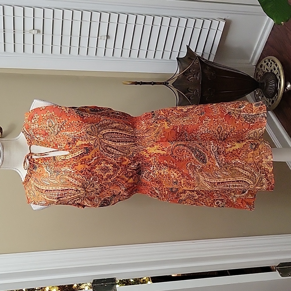 Lauren Ralph Lauren coral blue paisley semi sheer dress solid full slip 6P NEW…